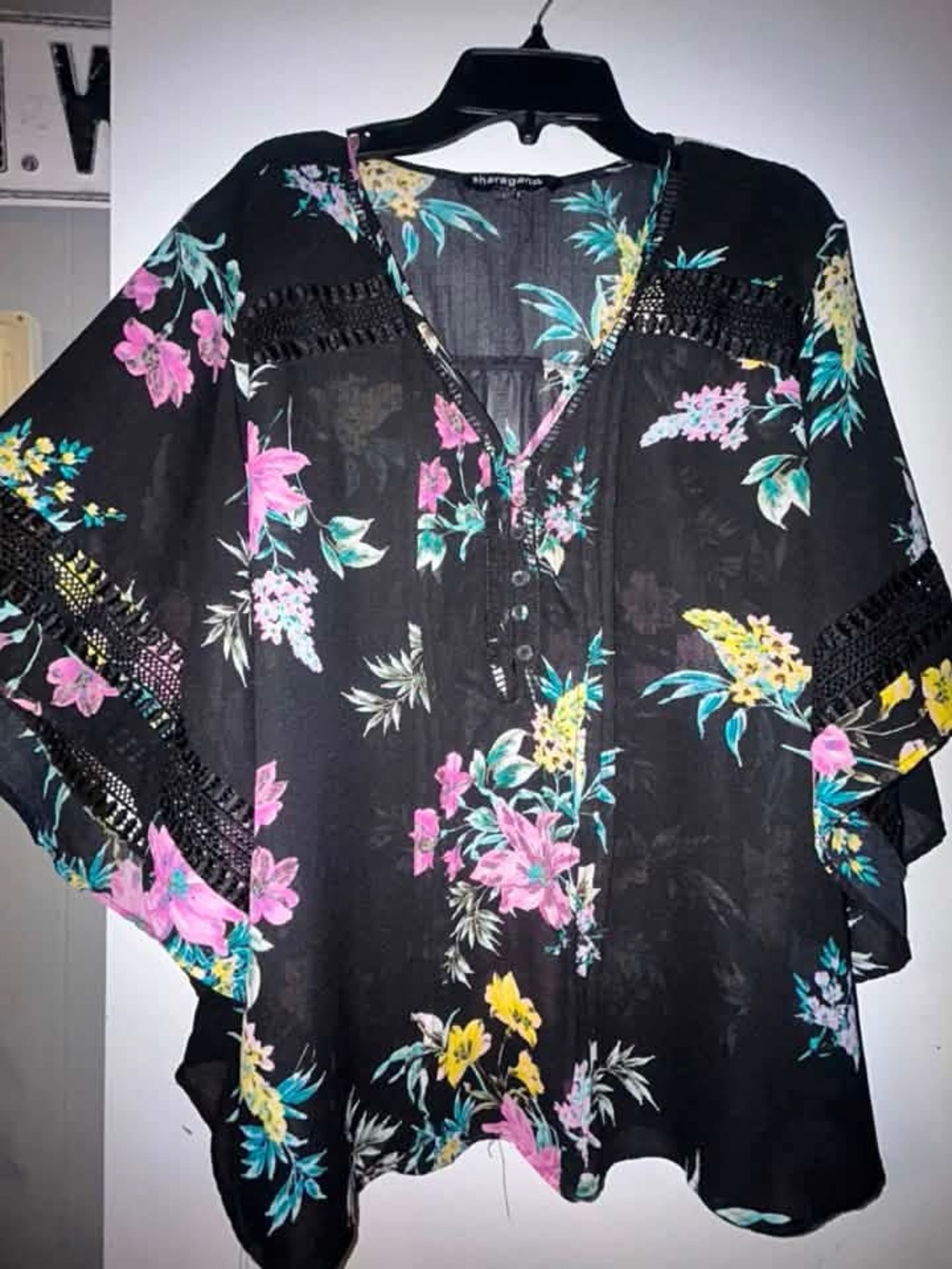 Floral Crochet-Trim Sheer blouse - Black with Pink & Yellow Flowers